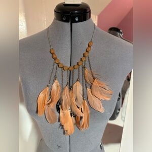 Peach Boho Feather Statement Necklace  Fringe Bib Necklace